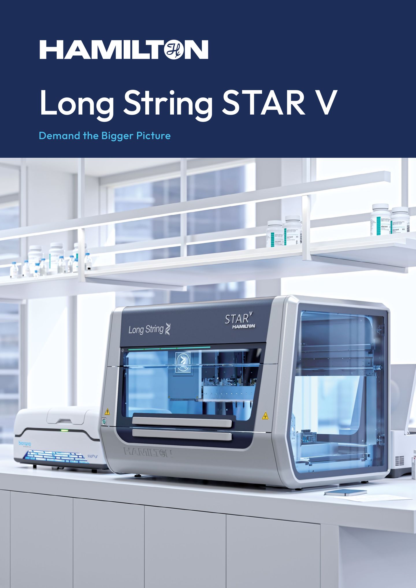 Hamilton Long String STAR V automated liquid handler on a lab bench, with "Demand the Bigger Picture" tagline