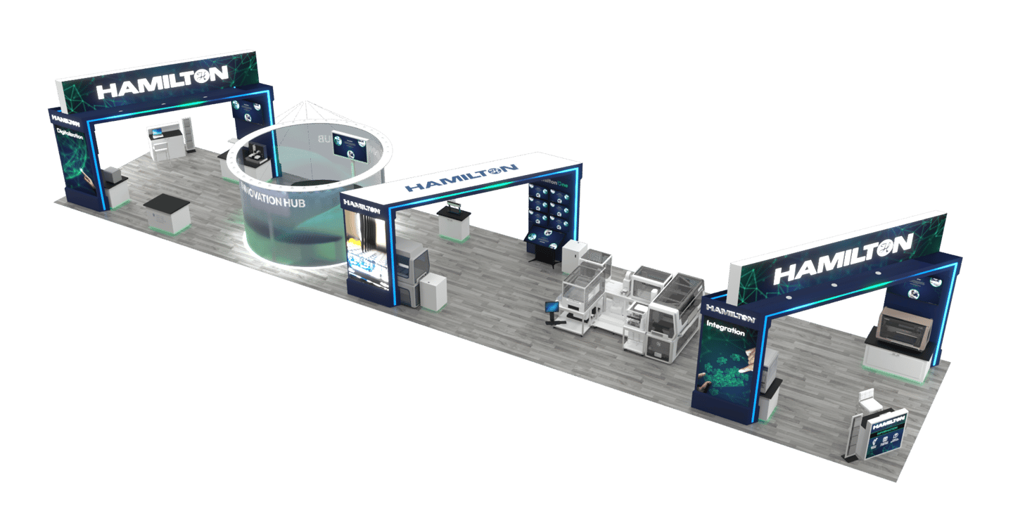 Hamilton trade show booth with Innovation Hub kiosk, automated liquid handlers, and branded archway displays
