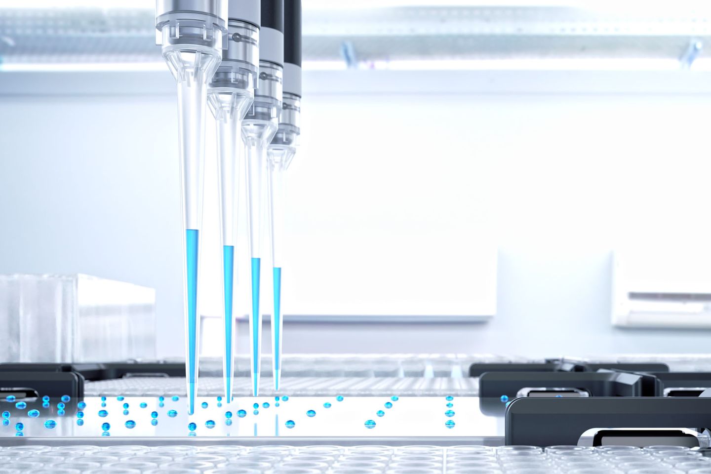 Automated liquid handler pipette tips containing blue liquid dispensing onto a white surface
