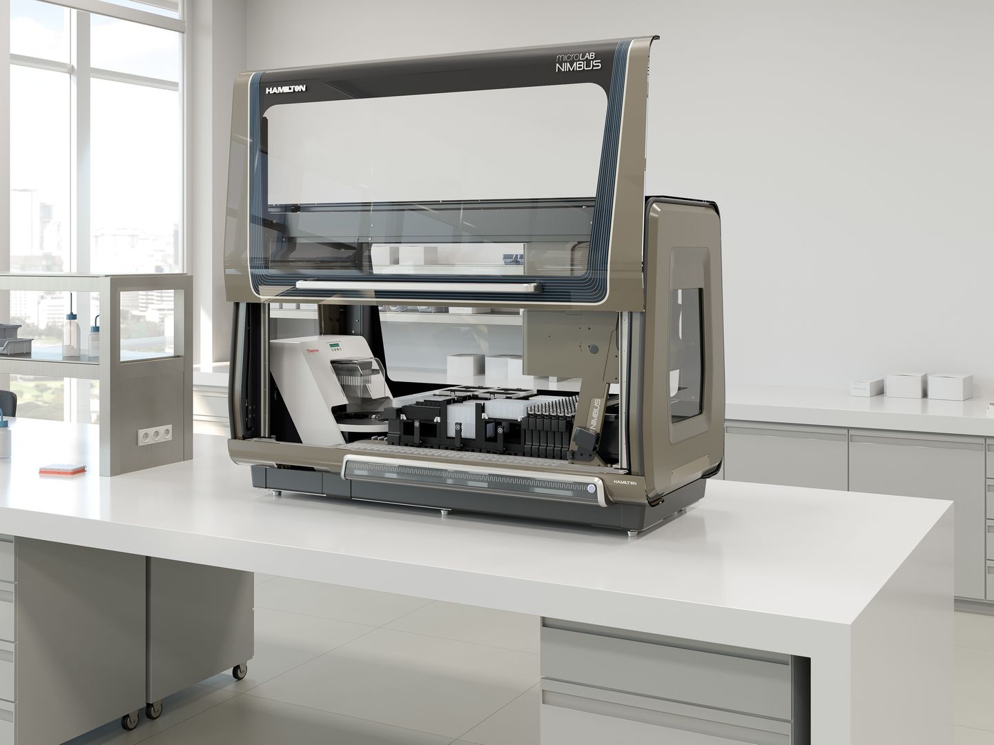 Hamilton MicroLab NIMBUS automated liquid handling workstation with open hood on lab bench