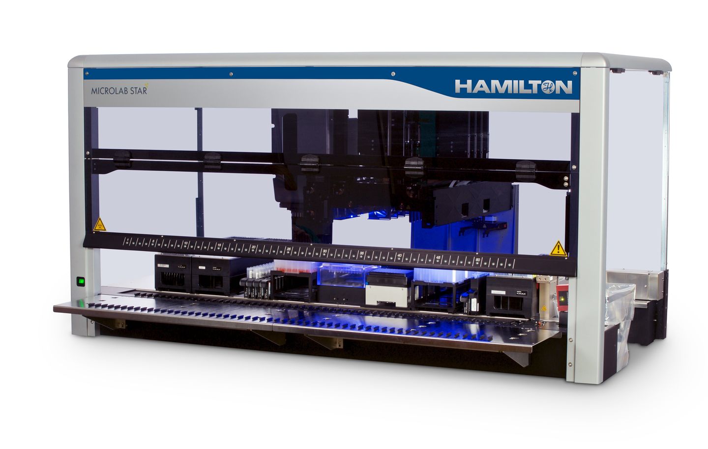 Hamilton Microlab STAR automated liquid handling workstation with blue-illuminated deck, pipetting arm, and sample tubes