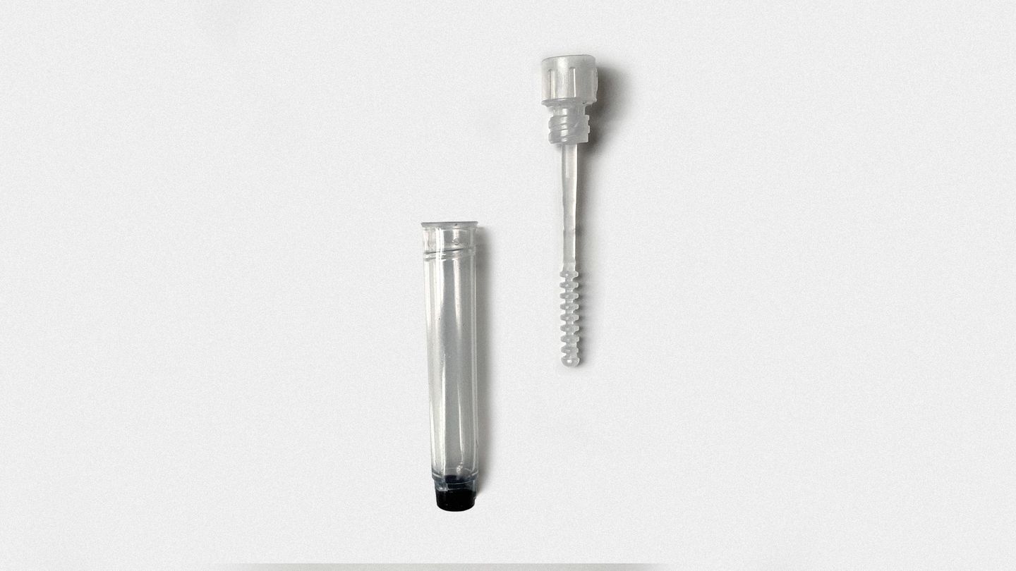 Disassembled nasal swab collection kit: clear tube with black plug and detached spiral-tipped swab with cap