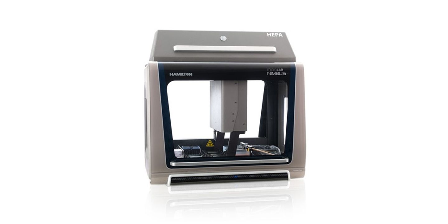 Hamilton MicroLab Nimbus automated liquid handler with HEPA filtration enclosure