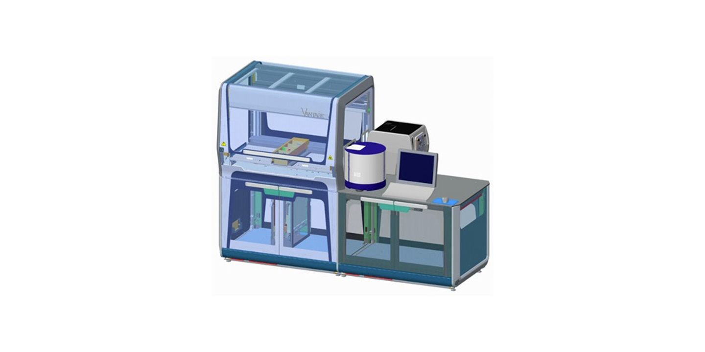 Automated liquid handling workstation with robotic arm, integrated enclosure, and benchtop module with monitor