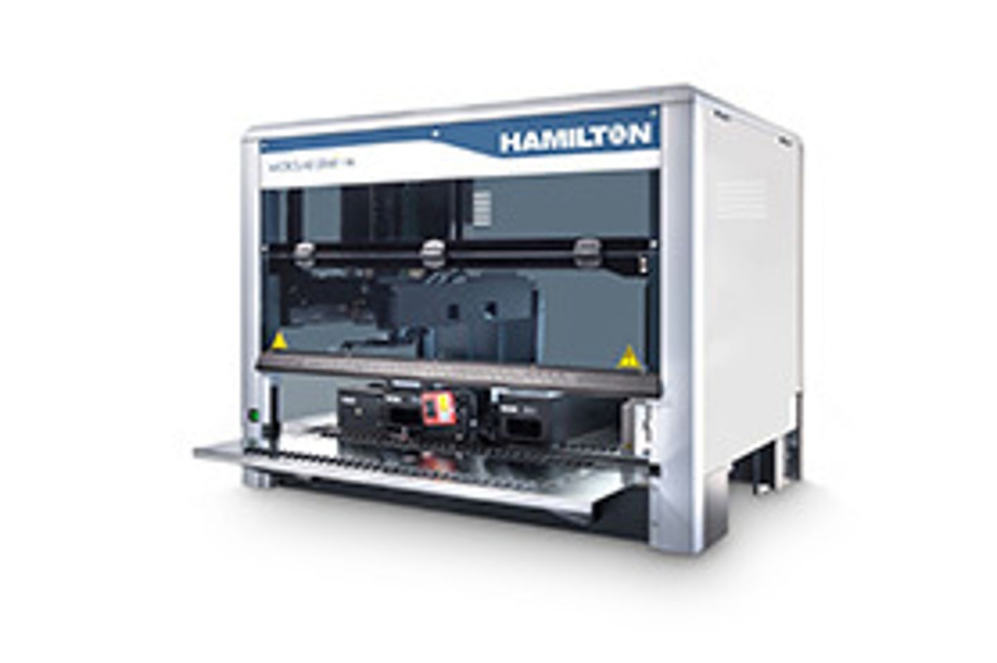 Hamilton automated liquid handling workstation with open front panel revealing internal robotic components and deck