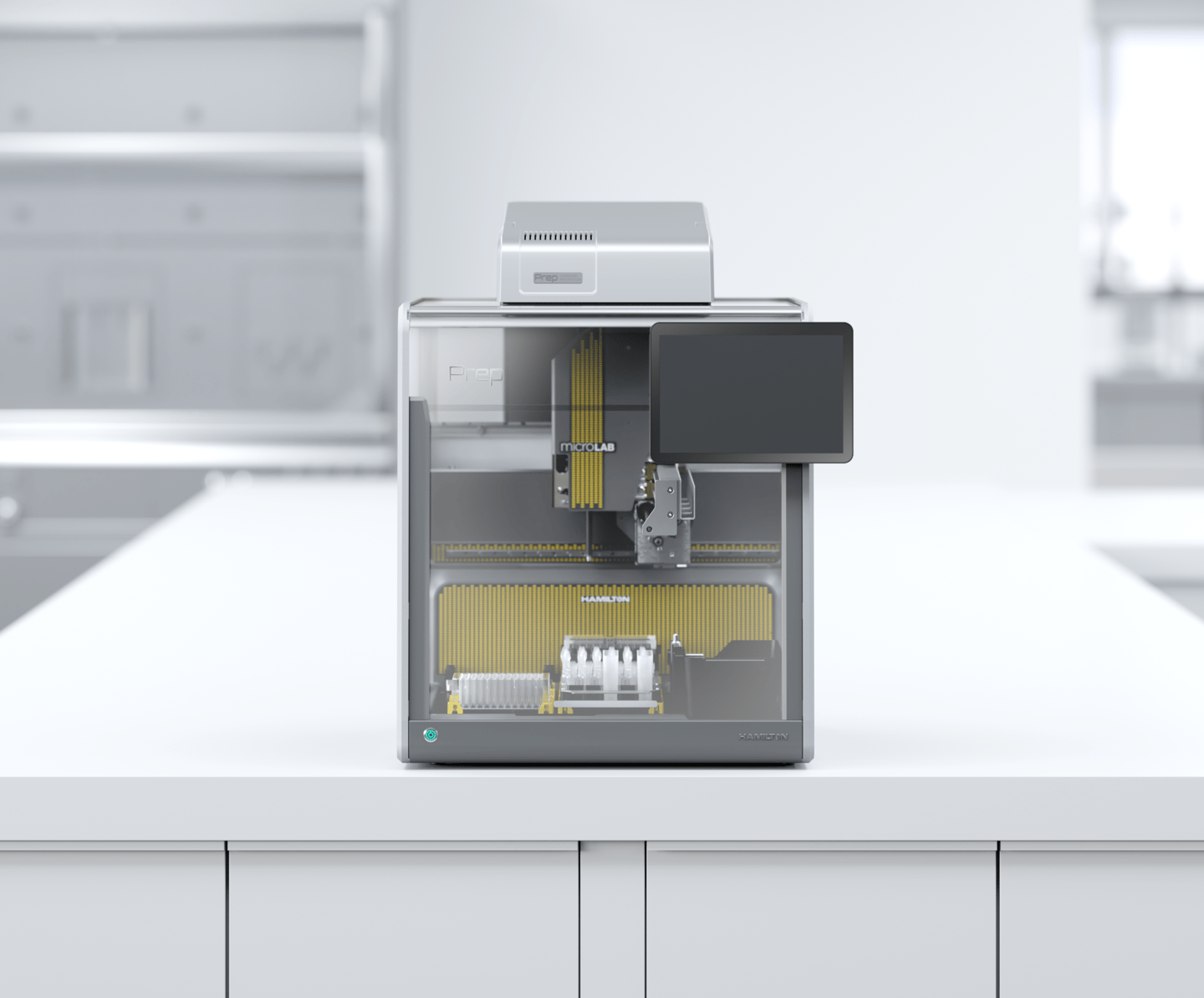 Hamilton MicroLab Prep automated liquid handler on a white lab bench, front view with transparent door open