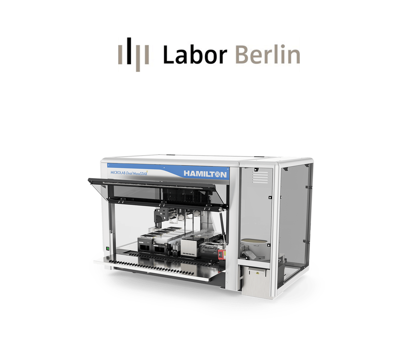 Hamilton MICROLAB Dual MassSTAR automated liquid handler with open front panel, Labor Berlin logo above