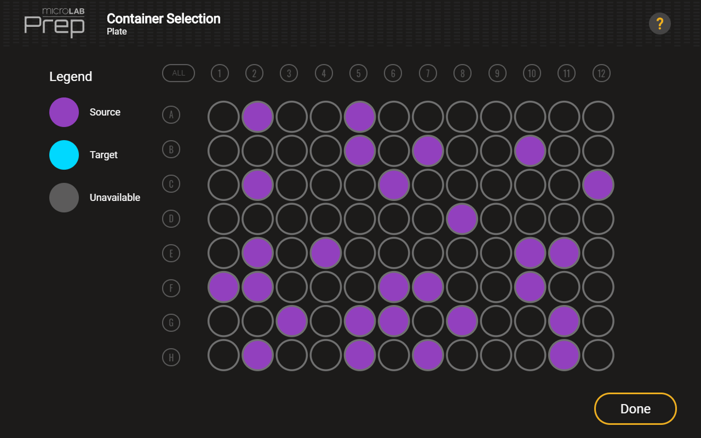 Prep software showing the container selection page