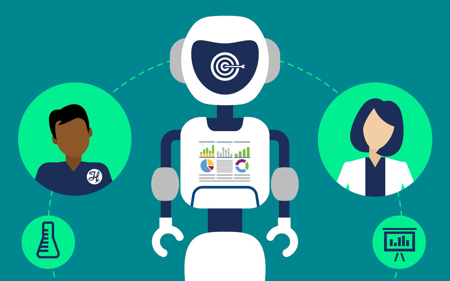 Robot with target icon displaying data charts, connected to two illustrated professionals with lab and analytics icons