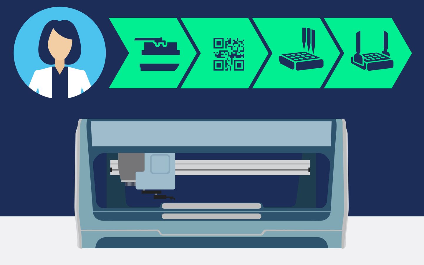 Animation illustrating a workflow that could include a Hamilton barcode reader, paddles, and a carrier.