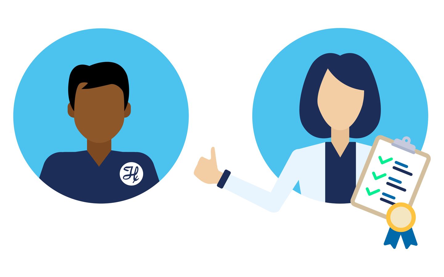 Two illustrated figures: one in navy scrubs with an H logo, one in a lab coat giving thumbs up and holding a certified checklist with a medal.