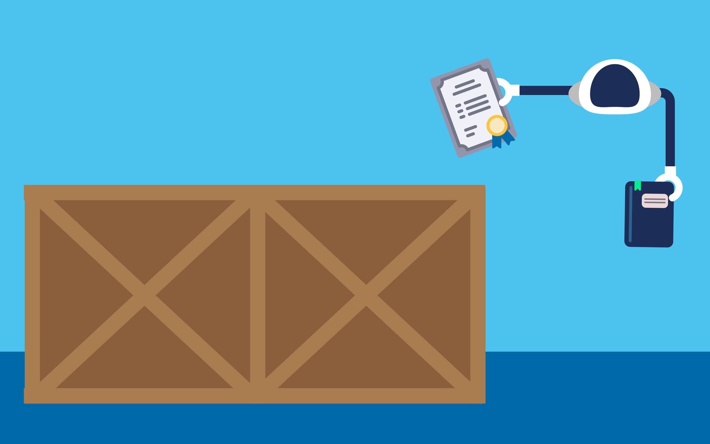 Robot arm holding a certificate and notebook beside a wooden crate on a blue background