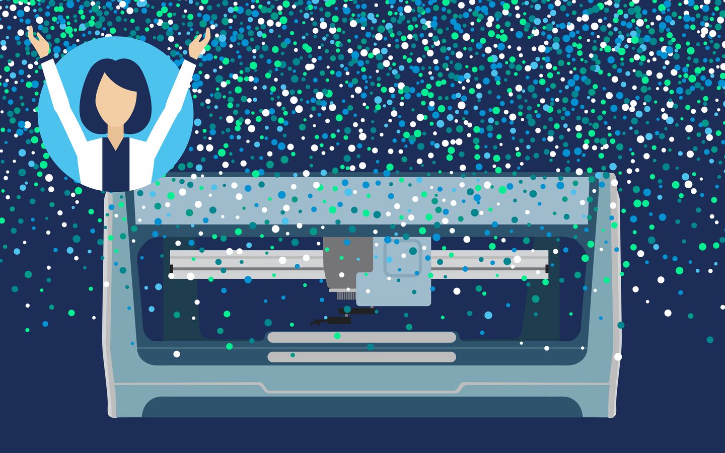 Illustrated person with raised arms next to an automated liquid handler, surrounded by colorful confetti dots