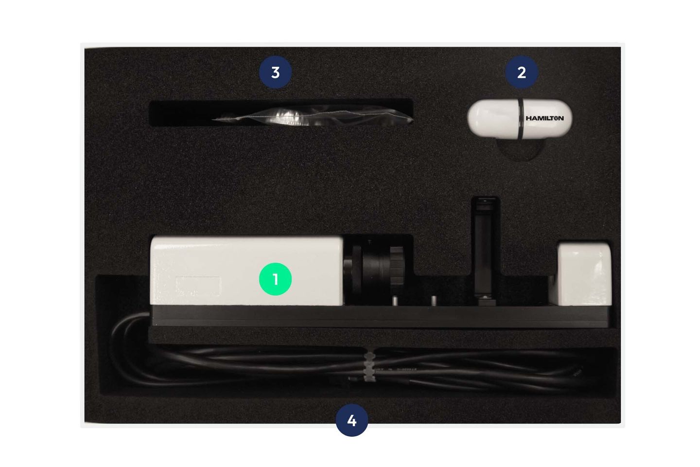 SMARTDROP optical imaging module with integrated camera, illumination, and dispenser mount for in-flight droplet calibration.