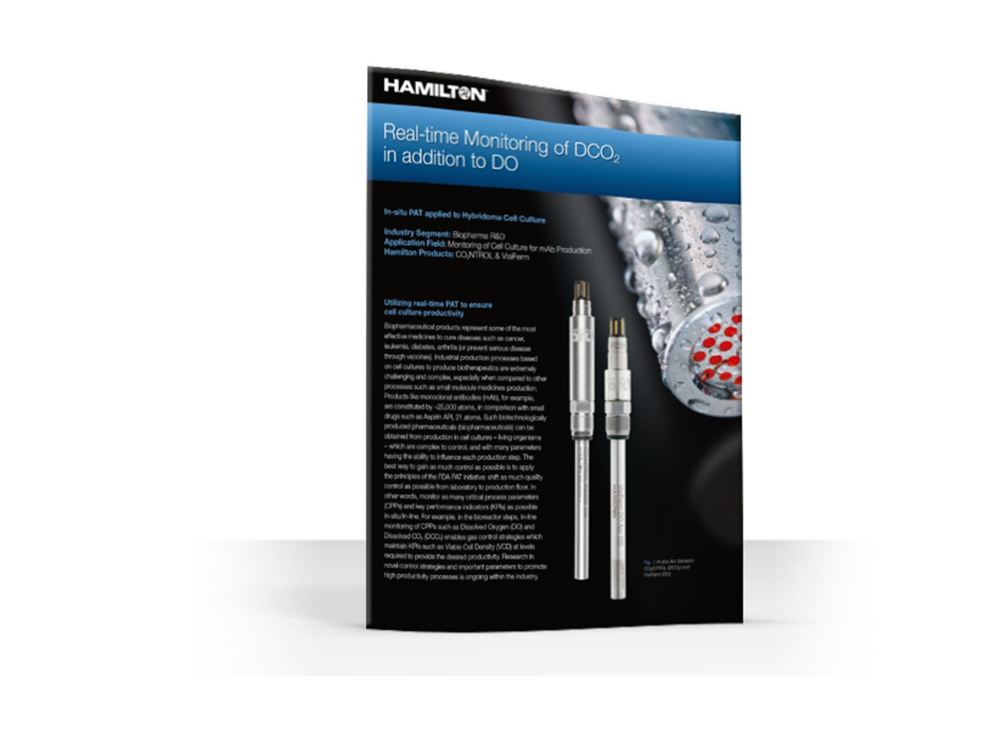 Hamilton application note titled "Real-time Monitoring of DCO2 in addition to DO" showing two inline process sensors
