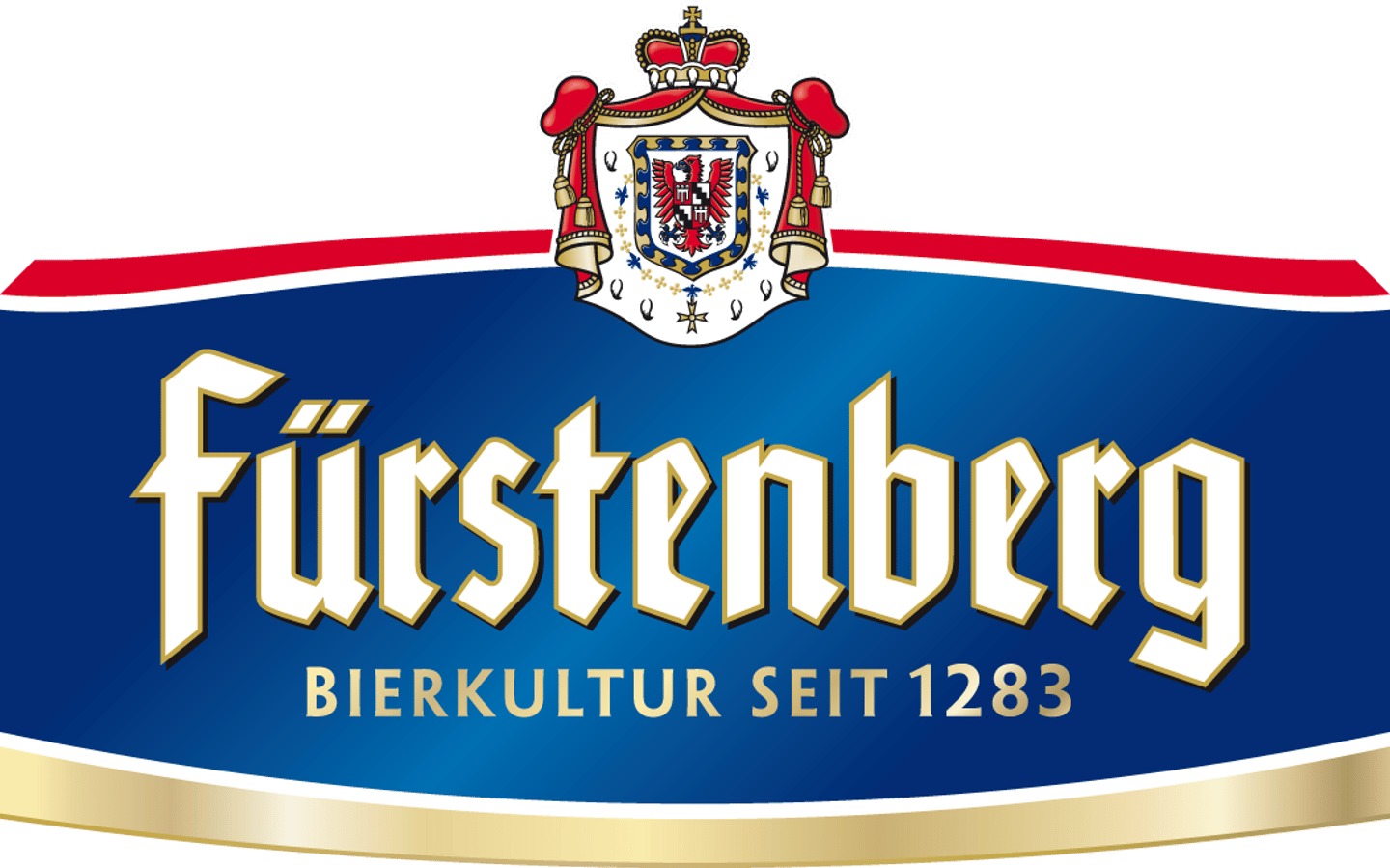 Fürstenberg beer brand logo with coat of arms, text "Bierkultur seit 1283" on blue oval badge