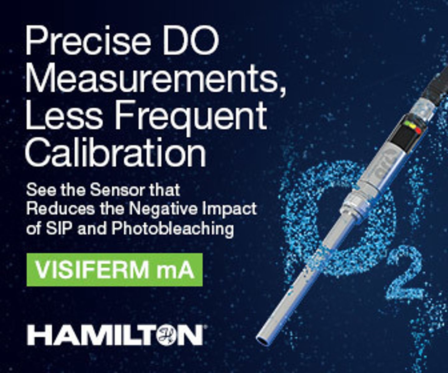 Hamilton VISIFERM mA dissolved oxygen sensor on dark background with O2 text and product headline