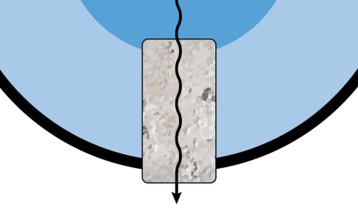 Cracked diaphragm cross-section diagram with downward flow arrow, set against a circular blue background.