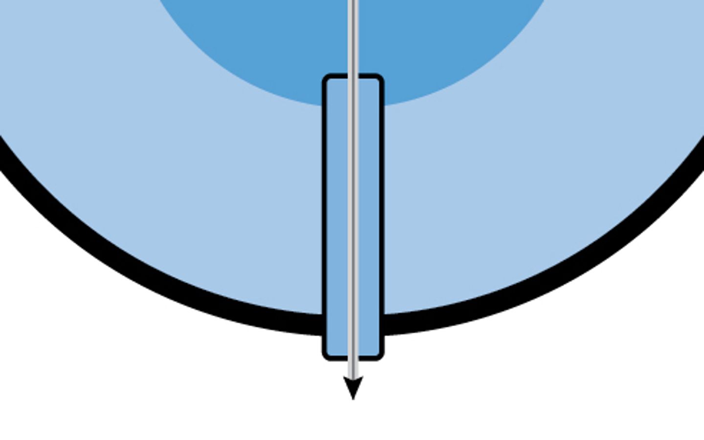 Diagram of a syringe plunger with diaphragm assembly intersecting a circular disc, cross-section view.