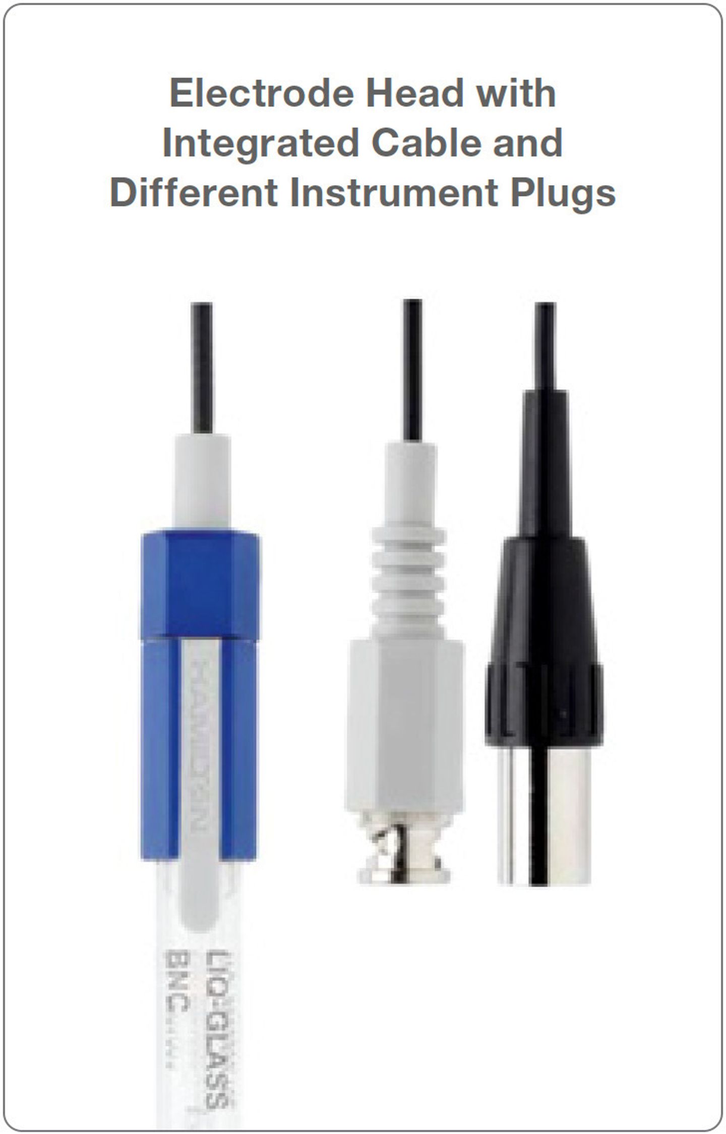Three electrode heads with integrated cables showing blue, white BNC, and black instrument plugs