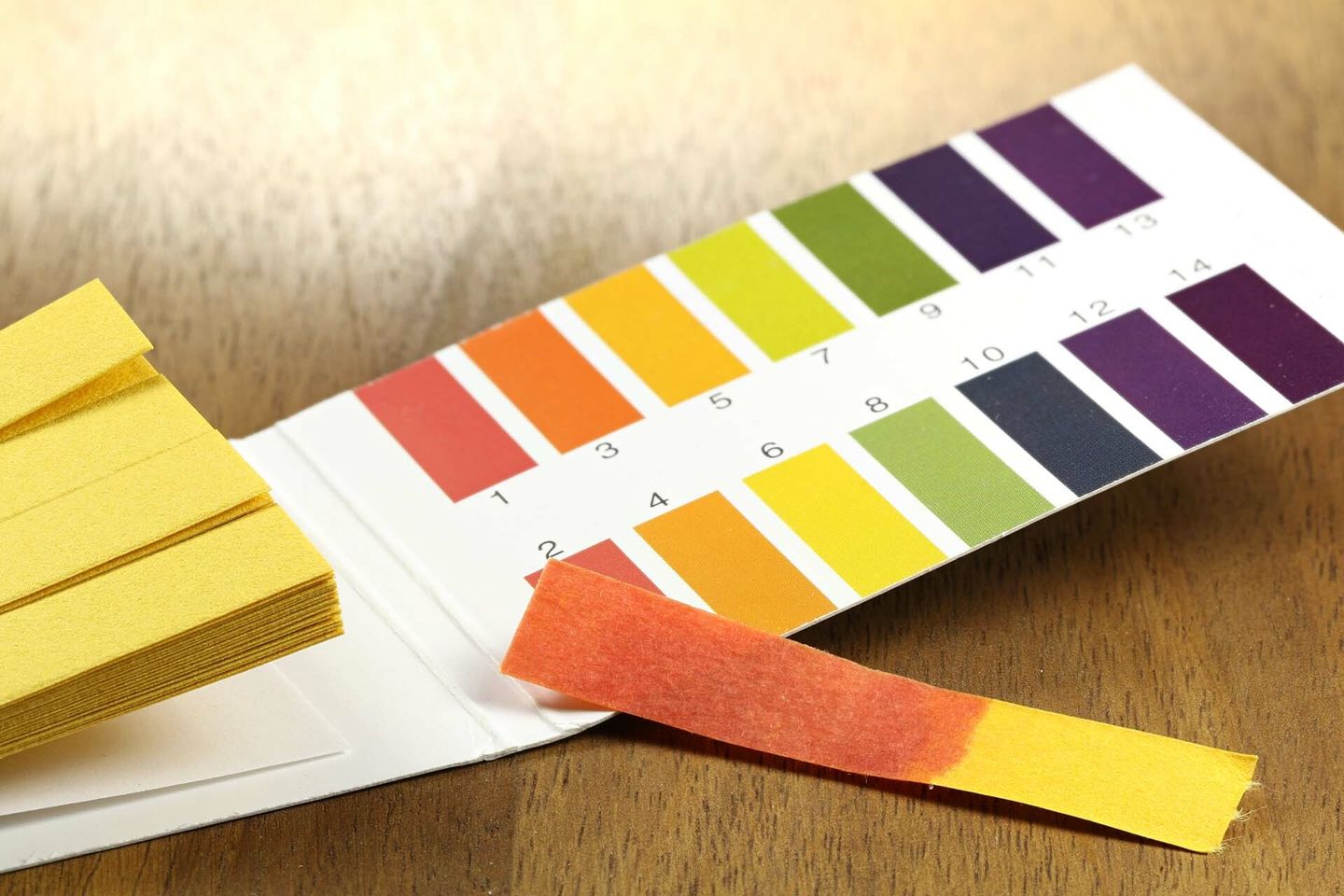 pH test strips beside a reference color chart numbered 1–14, ranging from red (acidic) to purple (alkaline)
