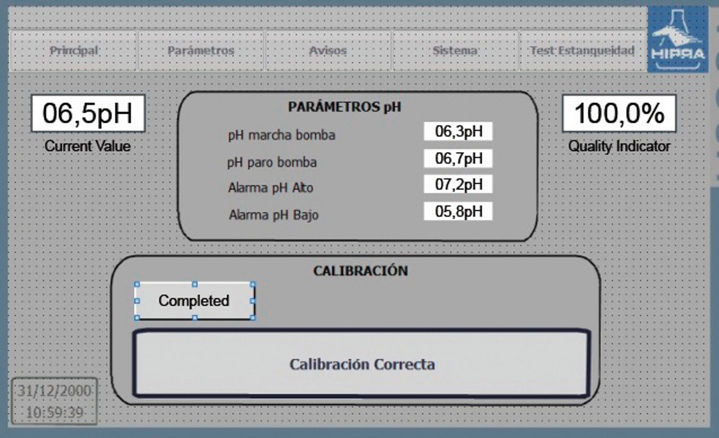 HIPRA pH control HMI screen showing current pH 06.5, pump start/stop setpoints, high/low alarms, and calibration status