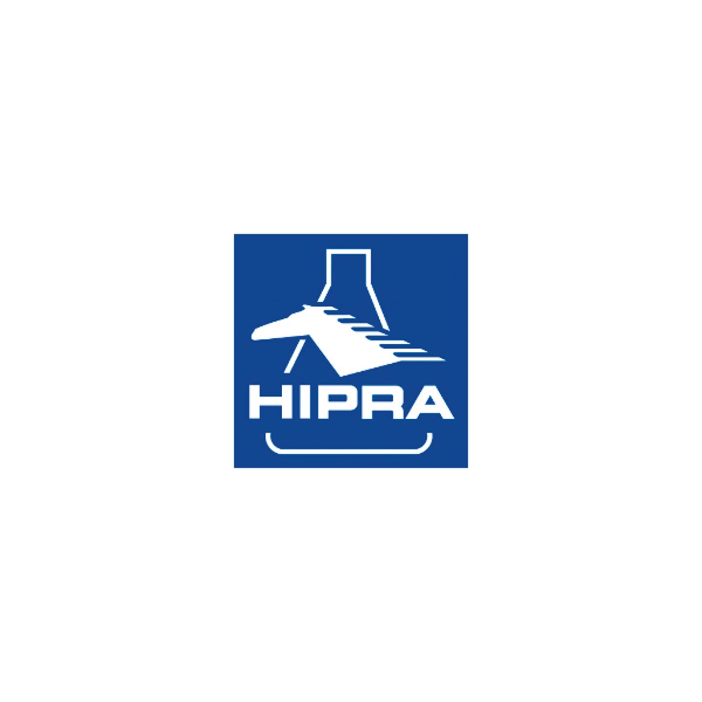 HIPRA logo featuring a white horse and laboratory flask graphic on a blue square background