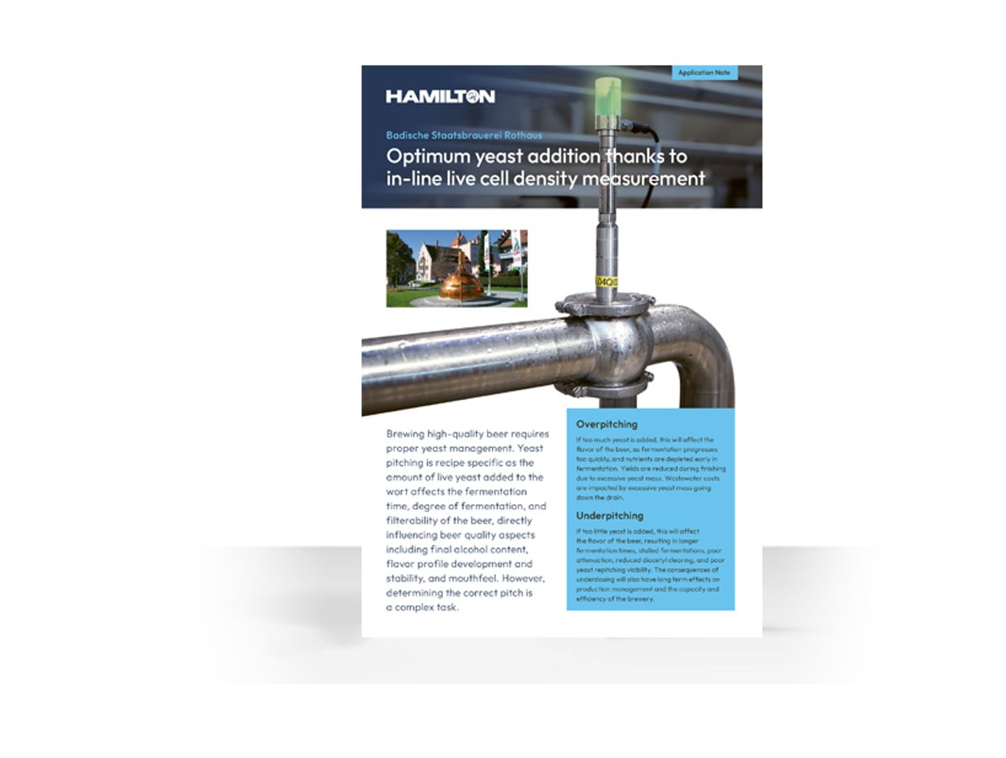 Hamilton application note cover: inline sensor installed on a pipe, titled "Optimum yeast addition thanks to in-line live cell density measurement"