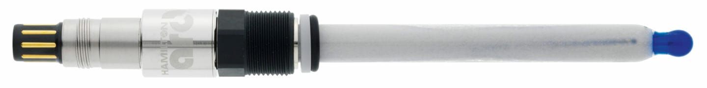 Hamilton pH electrode with blue-tipped glass membrane, metal body, black process fitting, and Arc digital connector