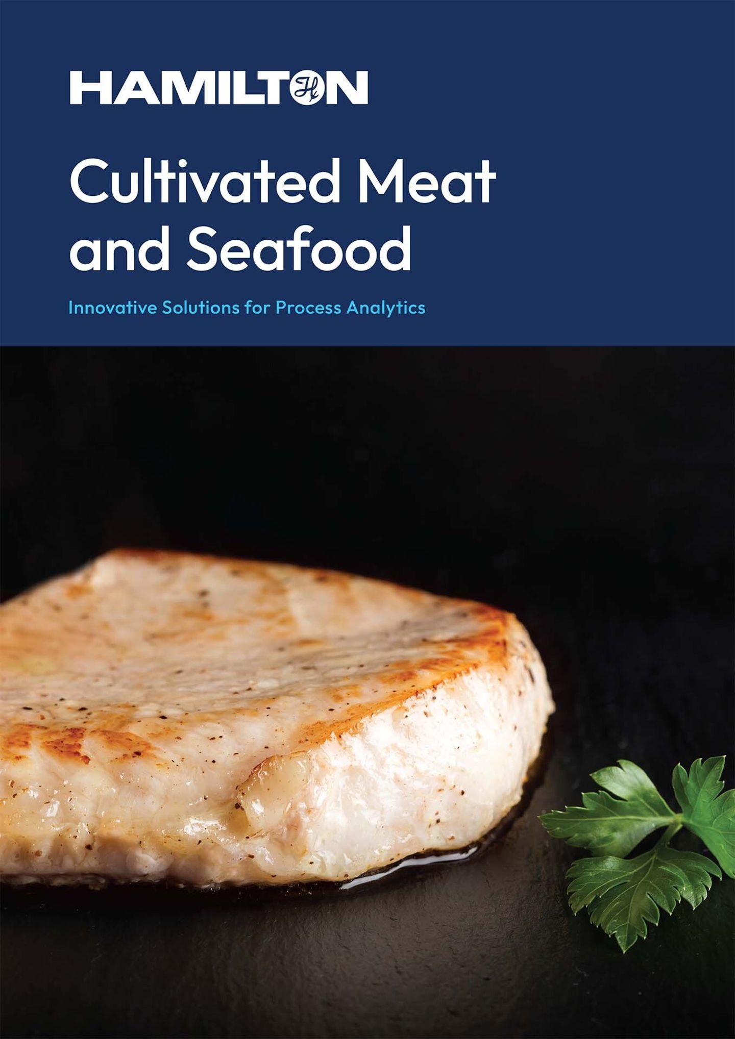 Hamilton cultivated meat and seafood brochure cover with a seared fish fillet and parsley garnish