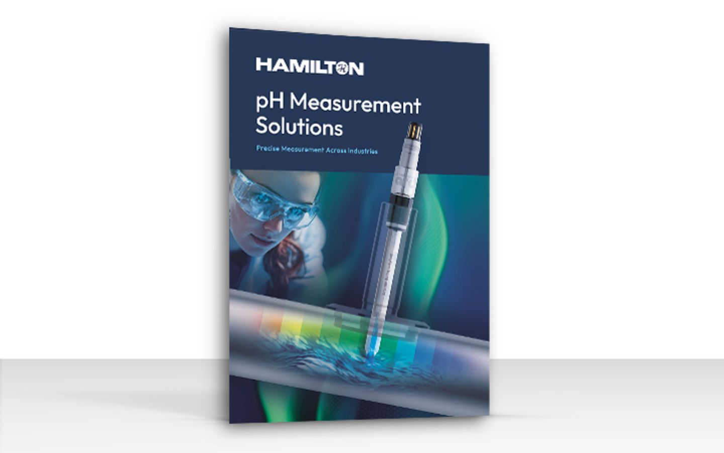 Hamilton pH Measurement Solutions brochure cover featuring a pH sensor and a person wearing safety goggles
