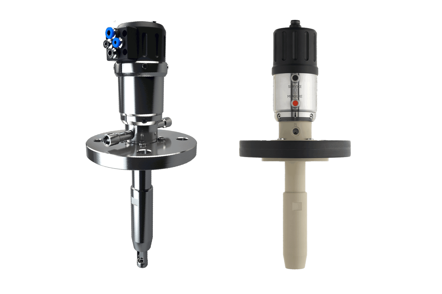 Two inline process sensors with retractable housings: a stainless steel flanged assembly with pneumatic fittings and a beige-bodied sensor with a black mounting disc labeled SERVICE and MEASURE.