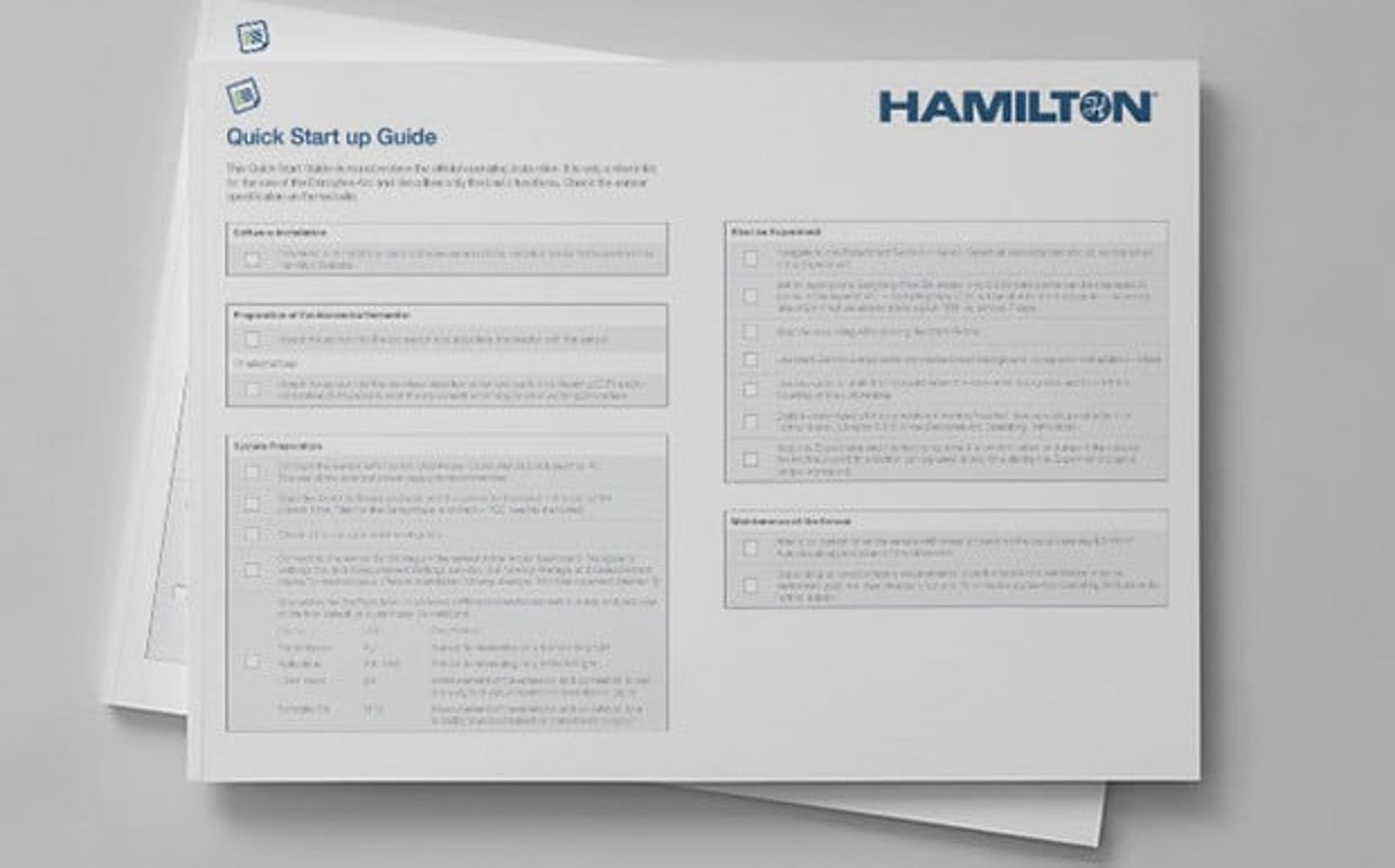 Hamilton Quick Start Guide document showing sections for installation, preparation, system setup, and maintenance