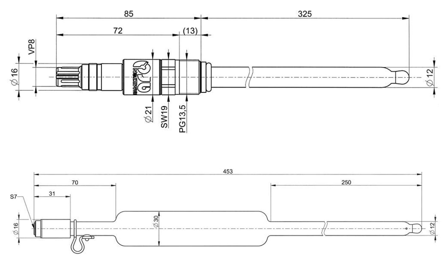 Technical drawing of a Hamilton pH or process sensor showing two views with labeled dimensions including 453 mm total length.