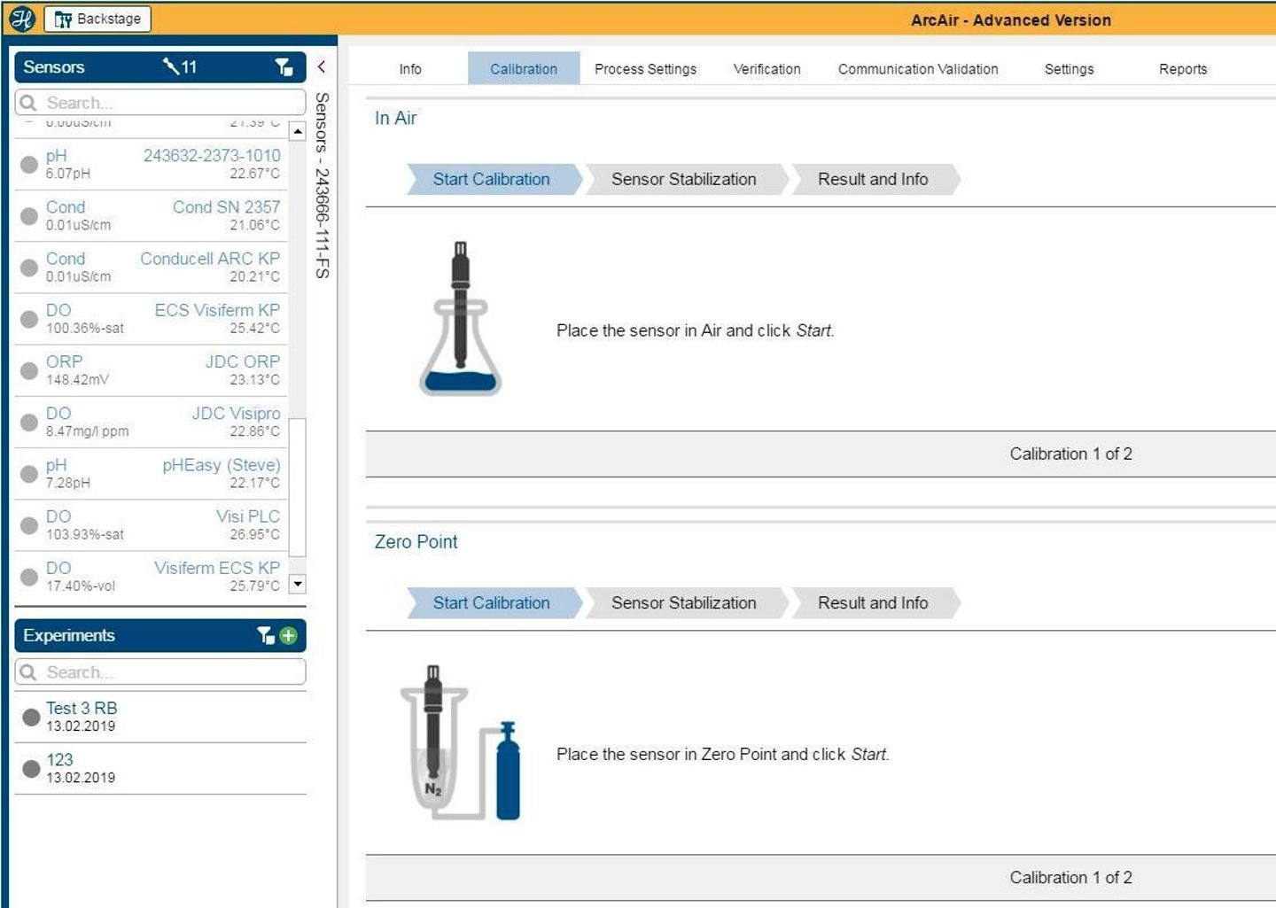 ArcAir Advanced Version software showing DO sensor calibration tab with In Air and Zero Point calibration steps