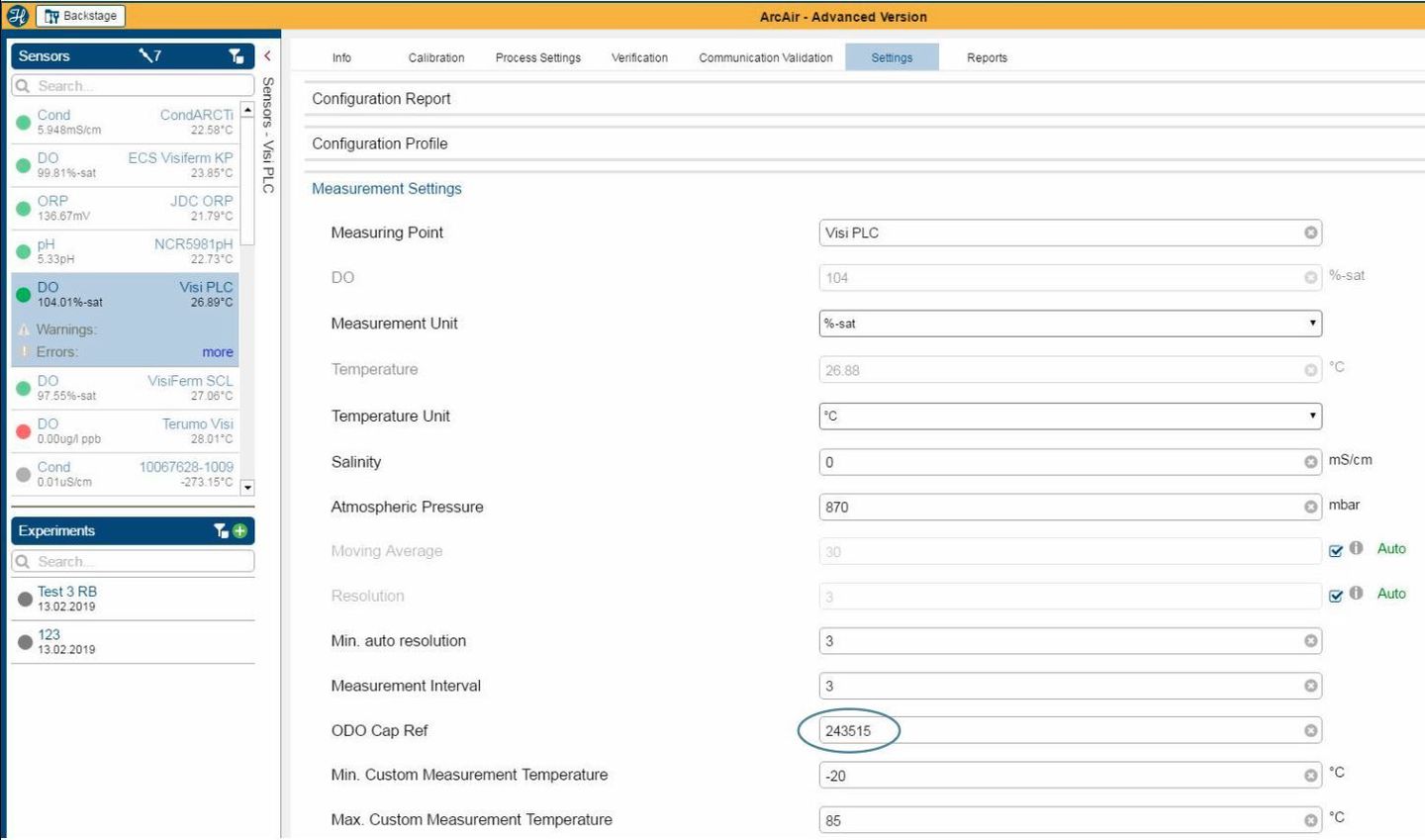 ArcAir Advanced Version software Settings tab showing DO sensor measurement configuration including ODO Cap Ref value 243515