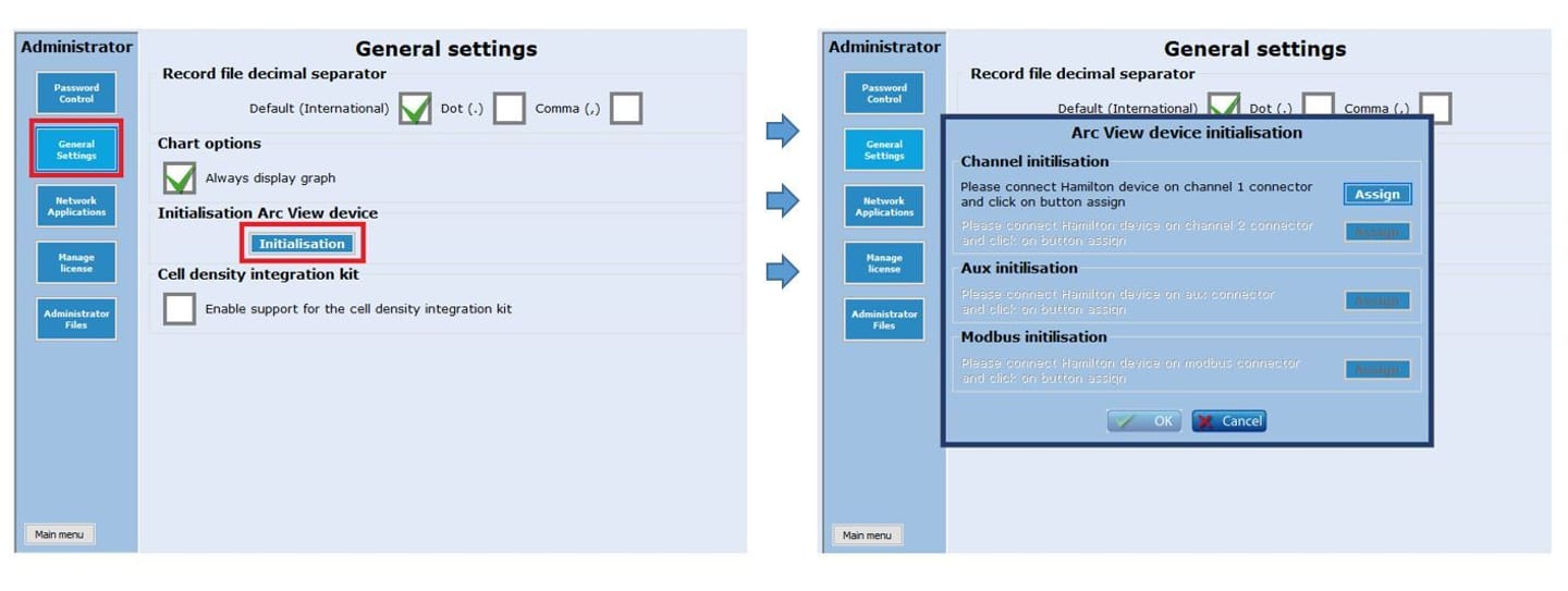 Arc View software General Settings screen showing the Initialisation button and the Arc View device initialisation dialog with channel, aux, and Modbus assign options.