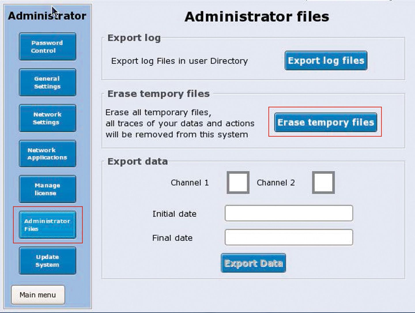 Administrator Files screen in Arcview software showing export log, erase temporary files, and export data options