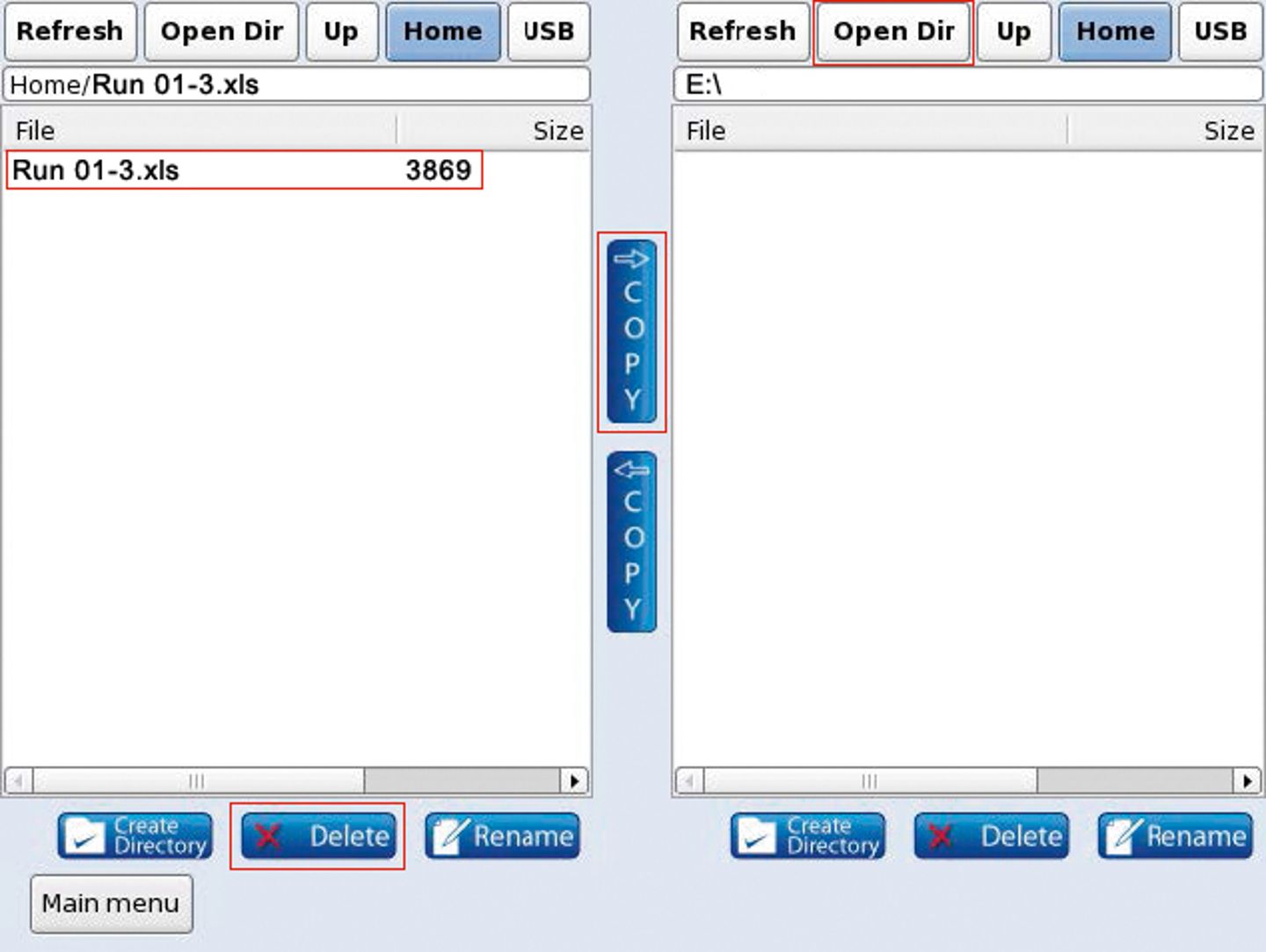 File explorer interface showing two panels with Run 01-3.xls selected, Copy and Delete controls visible.