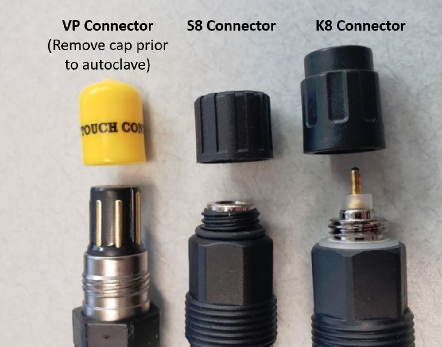 Three sensor connectors labeled VP, S8, and K8, each shown with caps removed or separated.