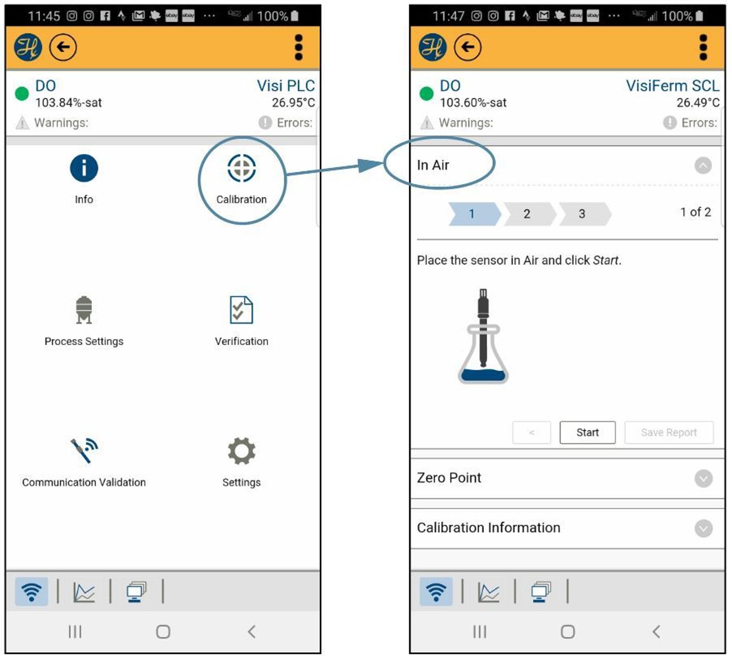 Two smartphone screenshots showing Hamilton VisiFerm SCL DO sensor app: menu with Calibration option highlighted, and In Air calibration step 1 of 2.