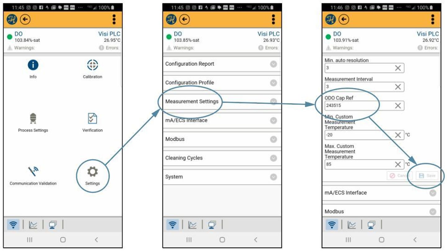 Three mobile app screenshots showing navigation to Measurement Settings, with ODO Cap Ref field highlighted.
