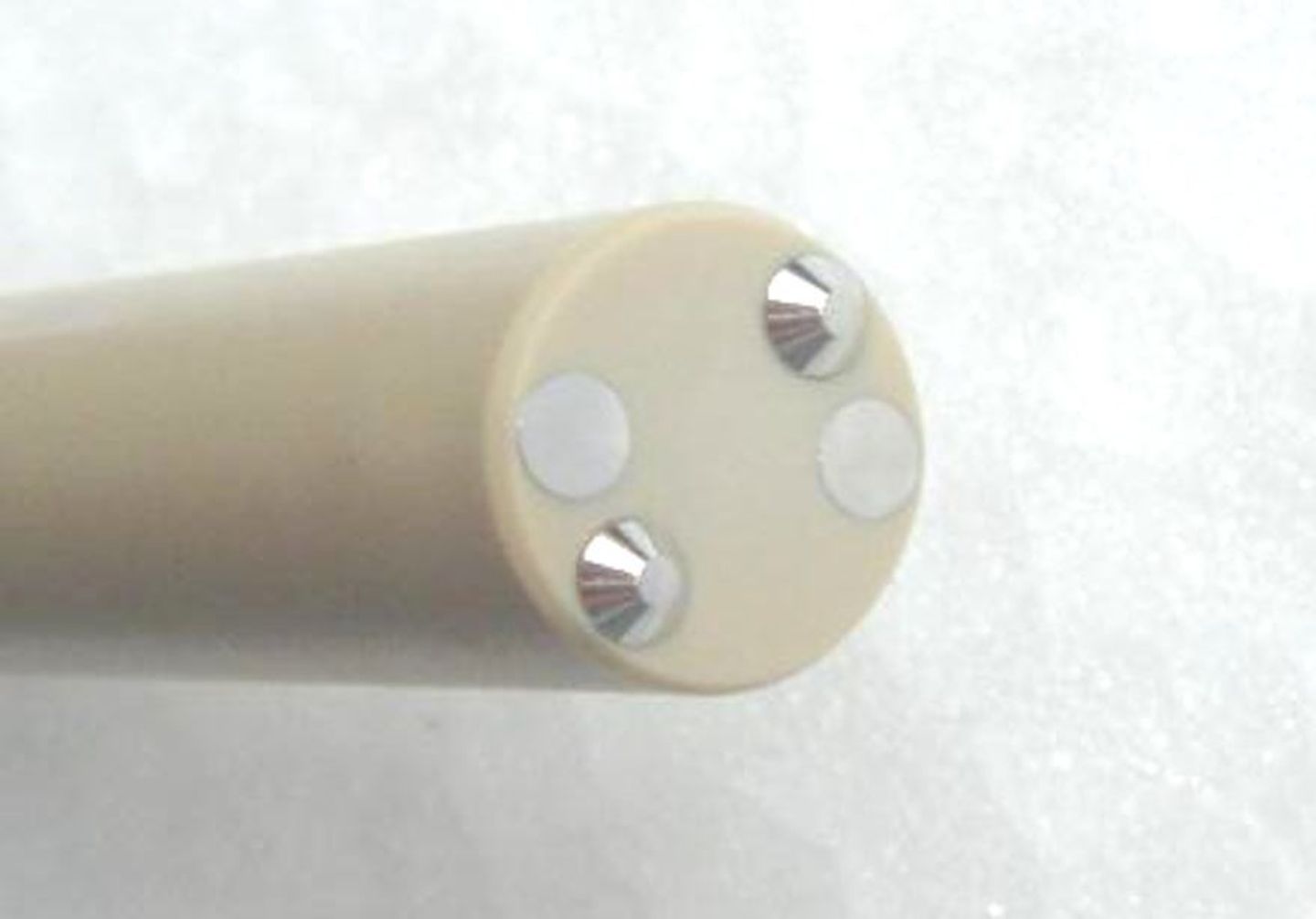 Close-up of a cylindrical sensor probe tip with two metallic electrodes and two white discs