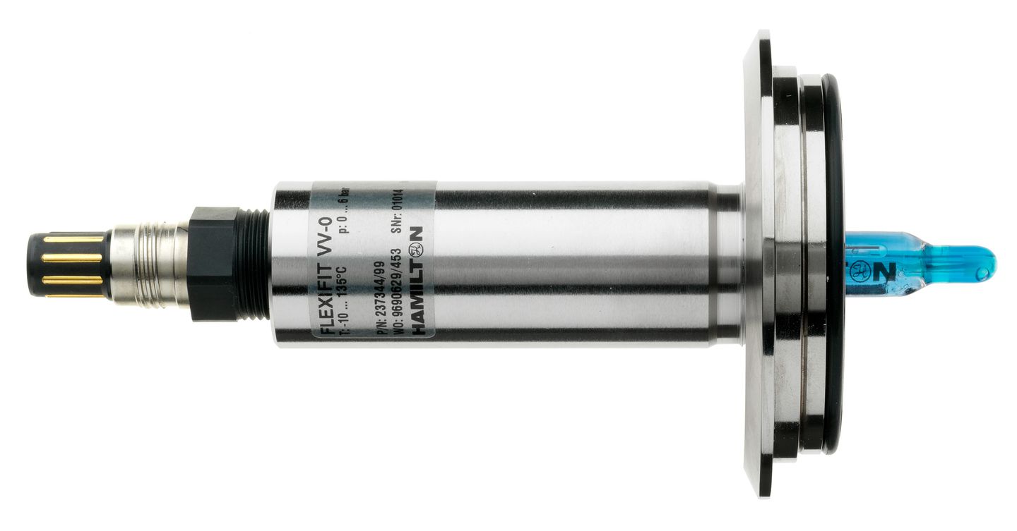 Hamilton Flexifit VV-0 sensor assembly with stainless steel body, Varivent flange, and blue electrode tip