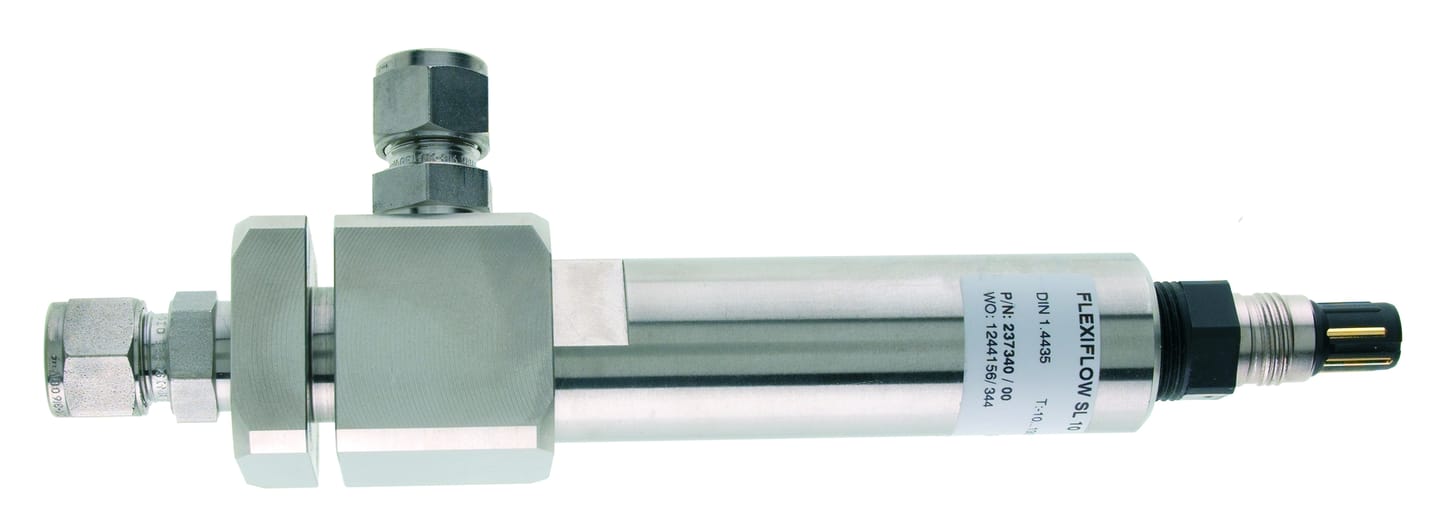 Flexiflow SL10 stainless steel inline flow sensor with compression fittings and electrical connector