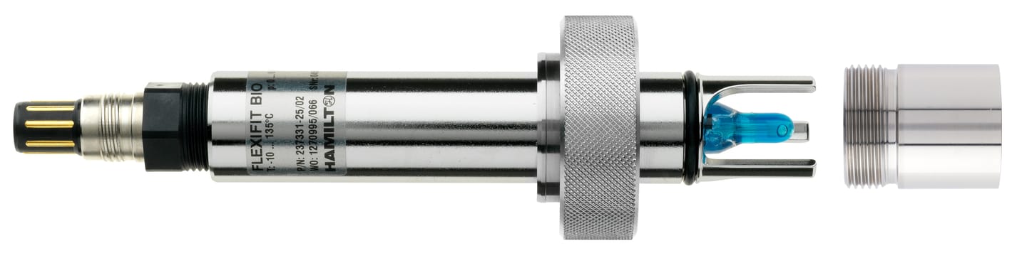 Hamilton Flexifit Bio sensor with knurled fitting ring and separate socket adapter, showing blue electrode tip