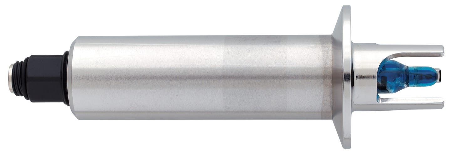 Stainless steel inline sensor body with tri-clamp flange and blue electrode tip, M12 connector at rear