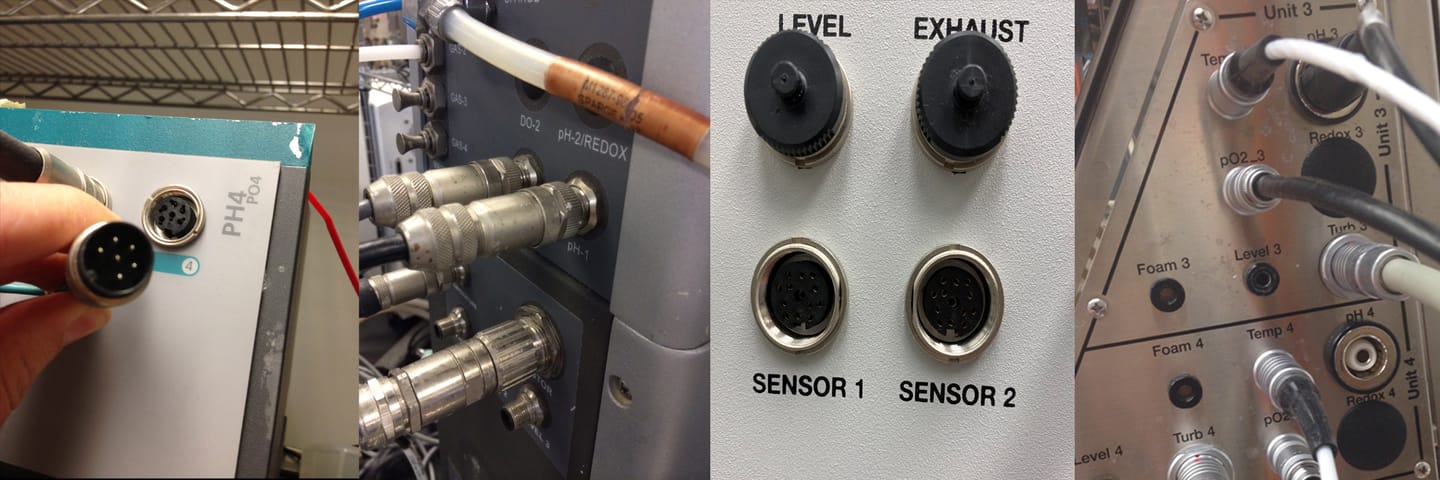 Bioreactor sensor connectors and labeled ports including PH4/PO4, DO-2, pH/REDOX, Level, Exhaust, Sensor 1, and Sensor 2