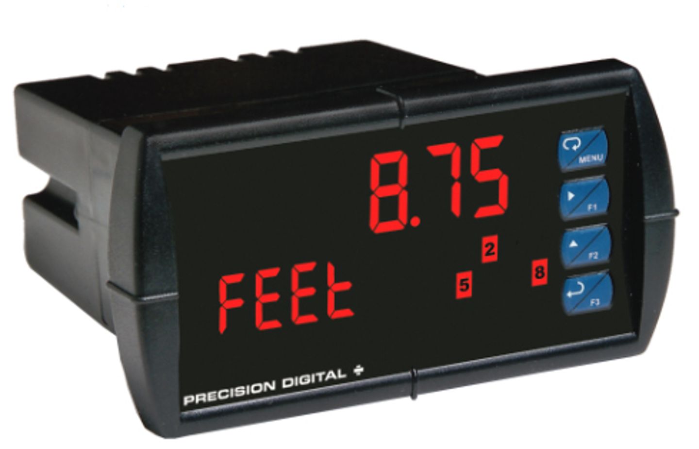 Precision Digital panel meter displaying 8.75 FEET on red LED digits with blue function buttons