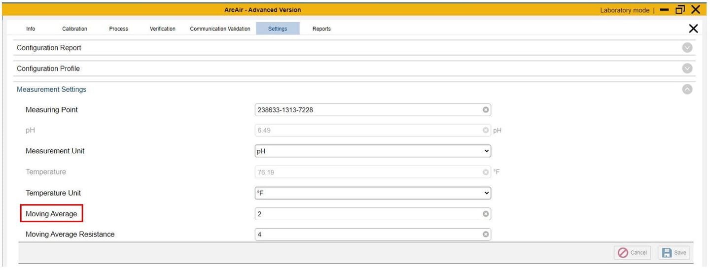 ArcAir Advanced Version software Settings tab showing Moving Average field set to 2 in Measurement Settings